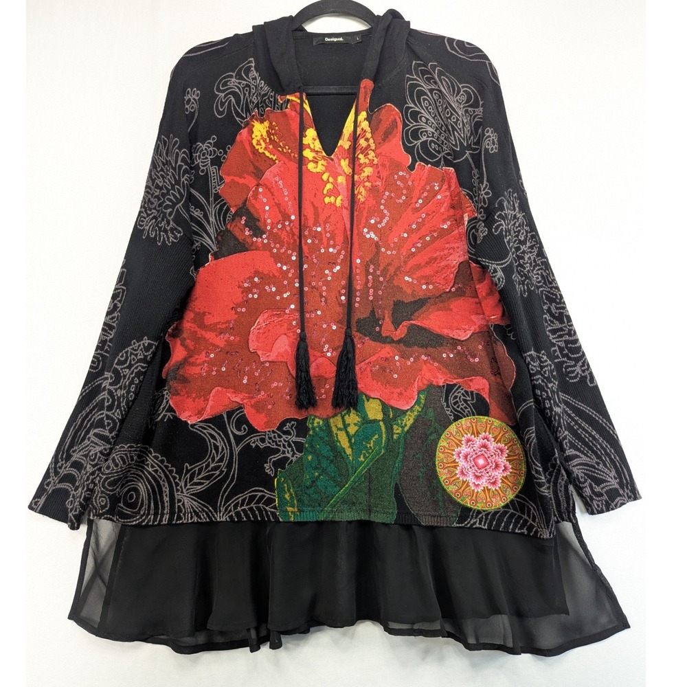 Desigual Womens Black Red Hibiscus Sequin Paisley Hooded Chiffon Hem Tunic L